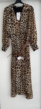 ZARA BROWN ANIMAL PRINT COLLARED BELTED MIDI DRESS WITH LINING SIZE L BNWT