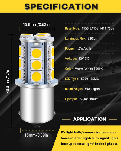 Qoope 1156 1141 LED Bulb Soft Warm White, 7506 1003 1073 BA15S RV Light Bulbs, 1 - Picture 2 of 12