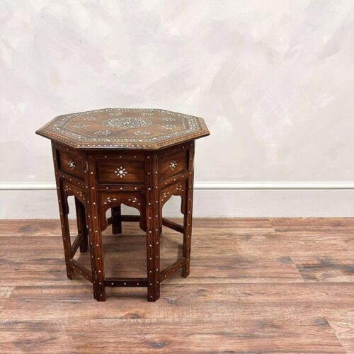 Wooden Coffee Table, Side Table, Bone Inlaid Round Folding 1950s Anglo-Indian - Picture 12 of 18