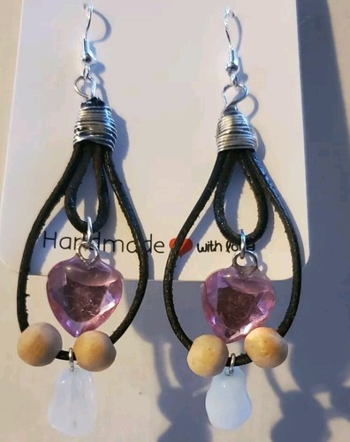 Beads on Leather Earrings Boho - Picture 2 of 4