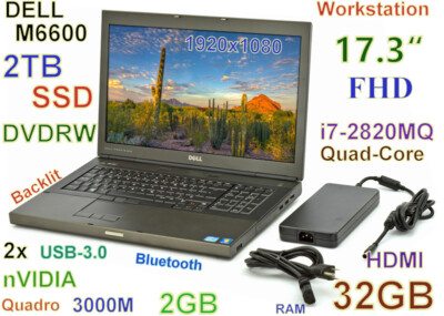 Workstation 17.3''  DELL M6600 i7-Quad FAST 2TB SSD DVDRW 32GB NVIDIA K3000M-2GB