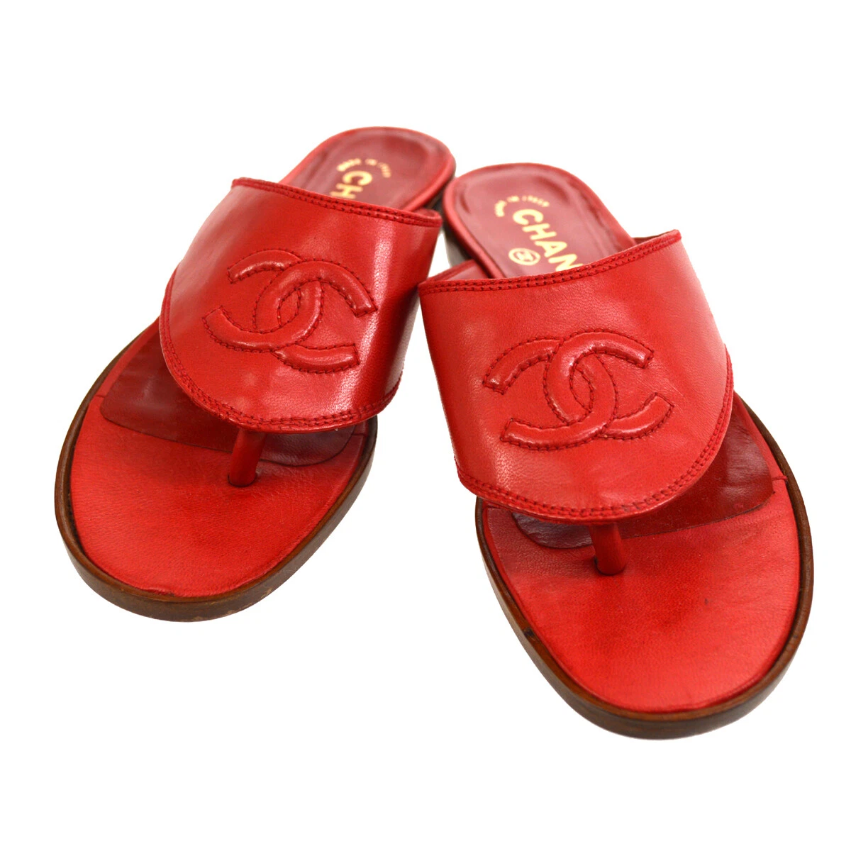 CHANEL CC Logos Shoes Sandals Red Leather Italy 35 1/2 Authentic AK31677f