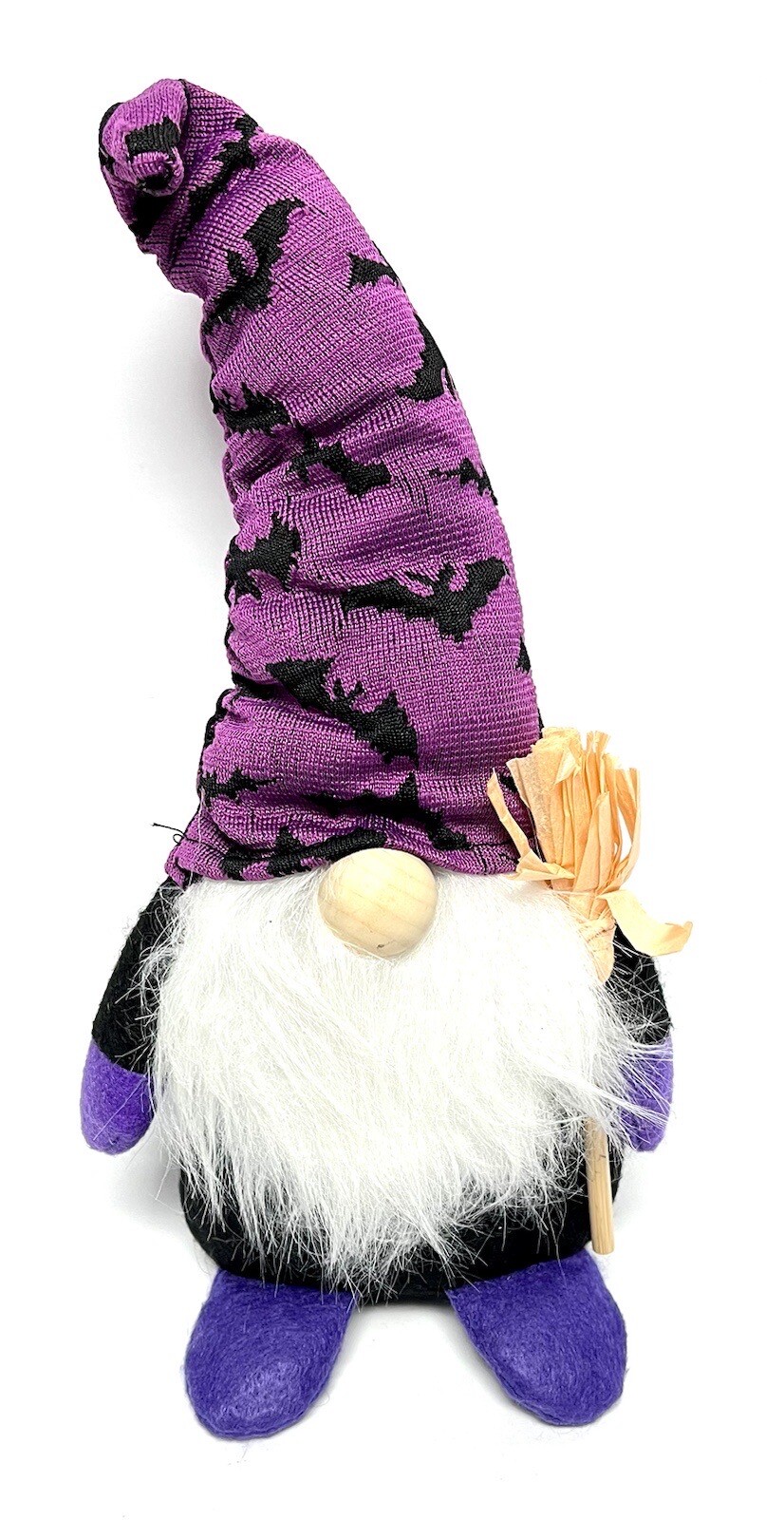 Plush Gnome Purple Hat Bats Black Felt Outfit Wood Broom & Nose Home Decor 10