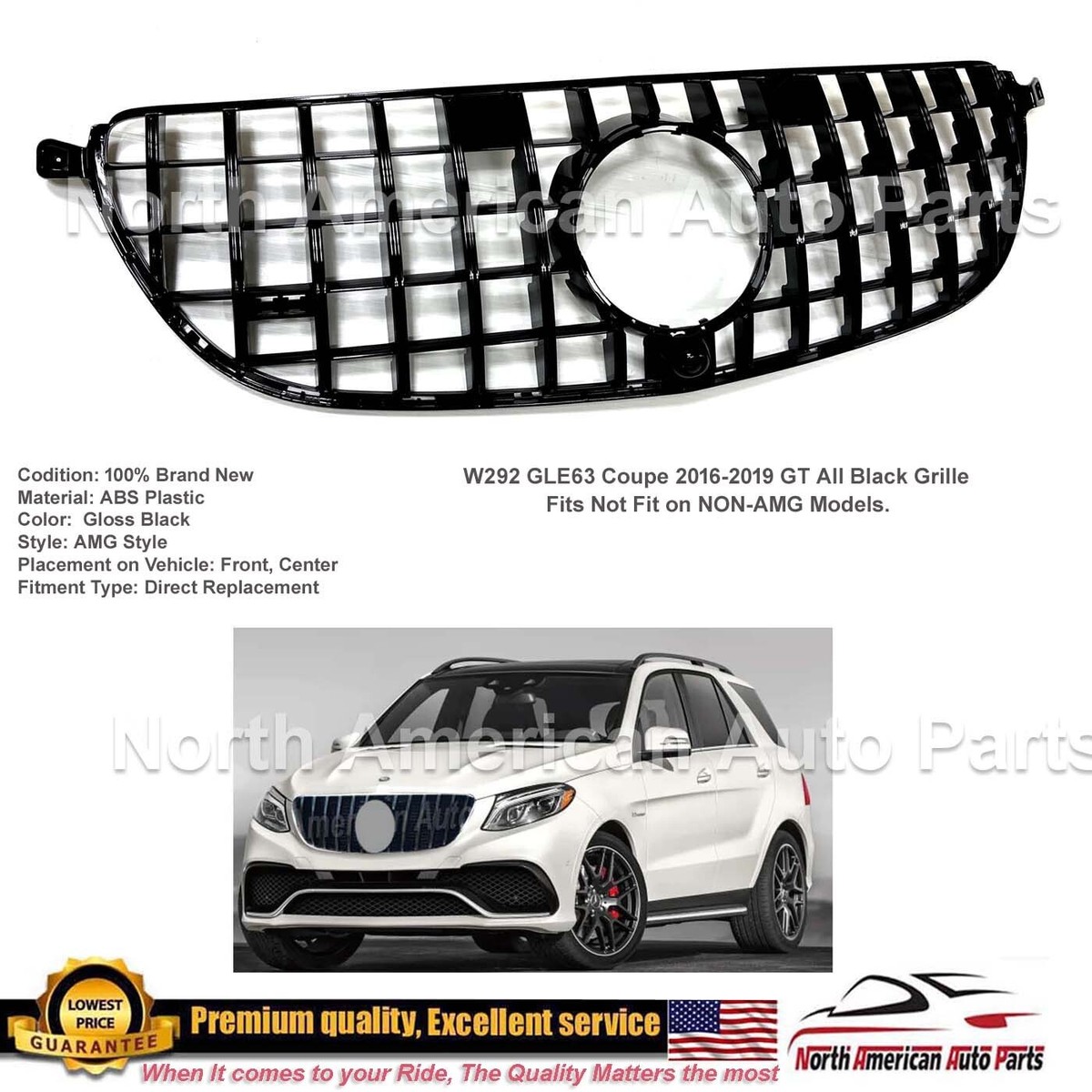 Grille Phare Avant Noire Pour Mercedes-Benz GLE Coupé W292/C292 2016-2018 | Style GTR, En ABS