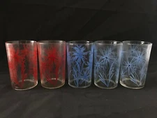 Lot of 5 Red & Blue Flowers Vintage Retro Small Juice Glasses