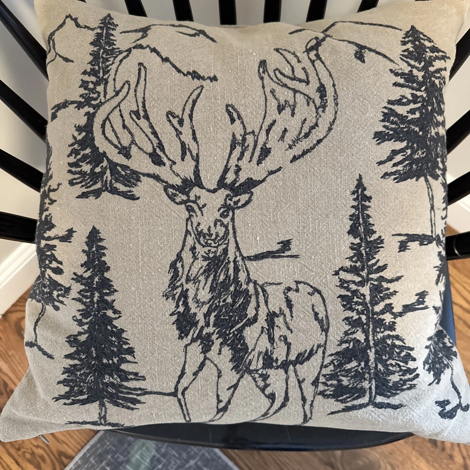 Pottery Barn 1 Conell Rustic Forest Elk Embroidered Pillow Insert Included - Image 3 of 4