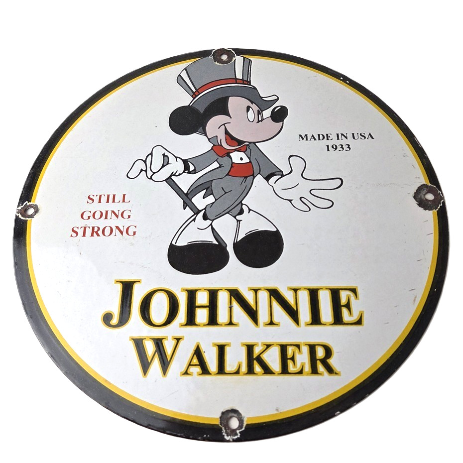 Vintage Johnnie Walker Sign - Liquor Bar Advertisement Mickey Porcelain Gas Sign