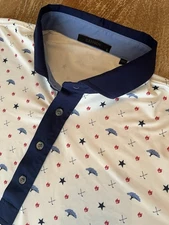 Greyson Golf Polo Large Stars Trees Golf Clubs Wolf AOP White EUC