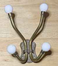 Vintage Set Of Ornate Brass Four Hooks With Ceramic Knobs Towel Hangers 6"H