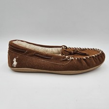 Polo Ralph Lauren Mens Brown Suede Moccasin Slippers Faux Fur Lining Pony Logo