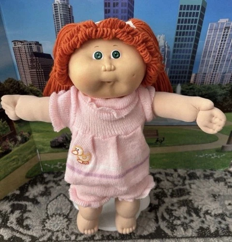 1985 red hair double pony cabbage patch Kid Doll green eye pink cpk duck dress