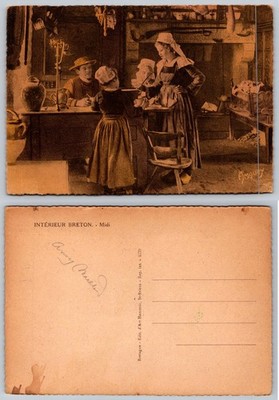 Vintage Breton Interior Postcard - Amoury Art - Traditional French Folk Scene