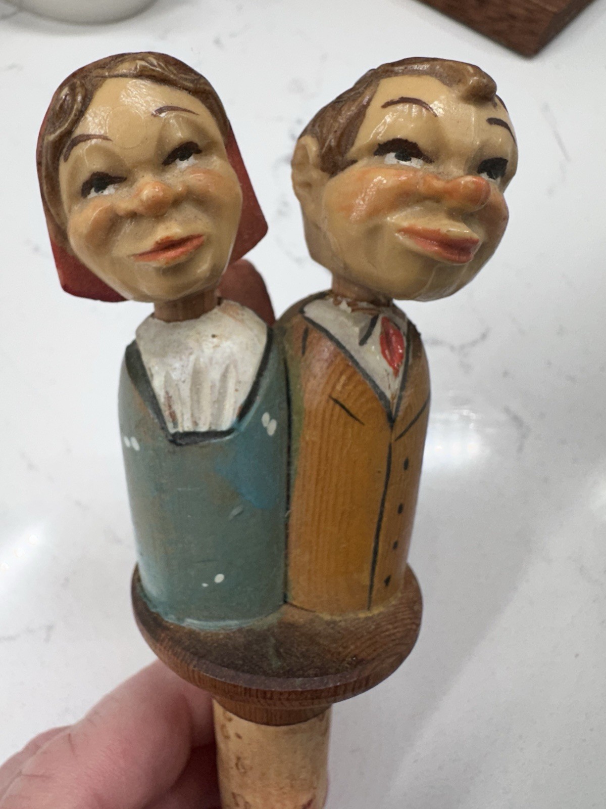 Vintage Hand Painted Wooden Folk Art Couple Bottle Stopper