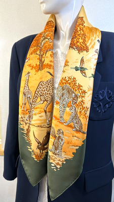 VTG HERMES AFRICA Carre 90 Silk 100% Scarf Moss green Yellow Brown