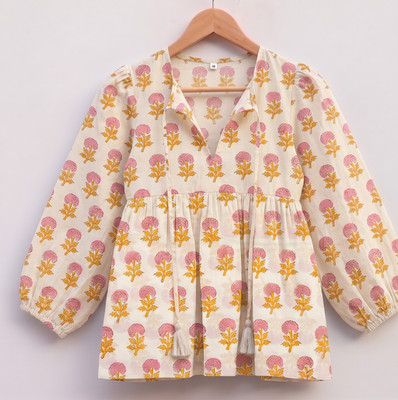 Vintage Hand Block Print Cotton Women Top Jaipur Floral Boho Peasant Blouse