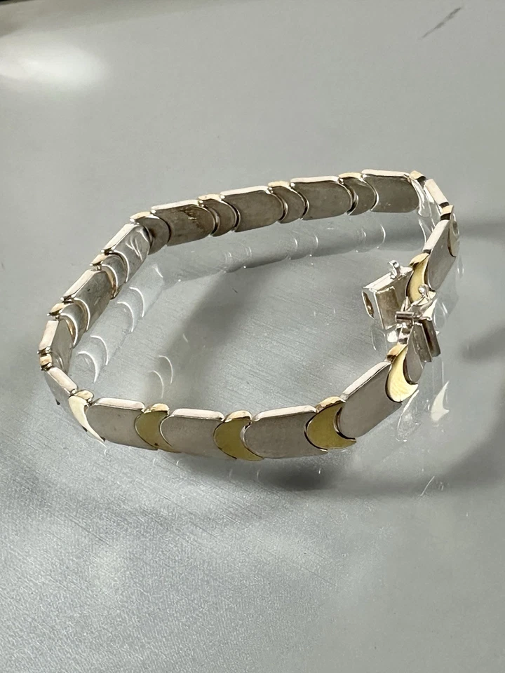 "Brazalete de eslabones planos de dos tonos Italia plata de ley 925 MILOR 8"" pulgadas" Foto 4 de 4