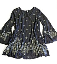 Free People Size SP Black w Grey Embroidery Fully Lined V Neck Womens Dress