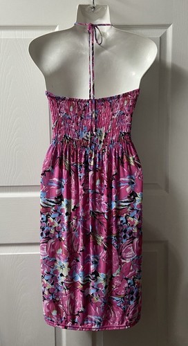 Jennifer Lawrence Plus Womens 3X Pink Smocked Beaded Halter Dress Beach Coverup - Picture 2 of 6