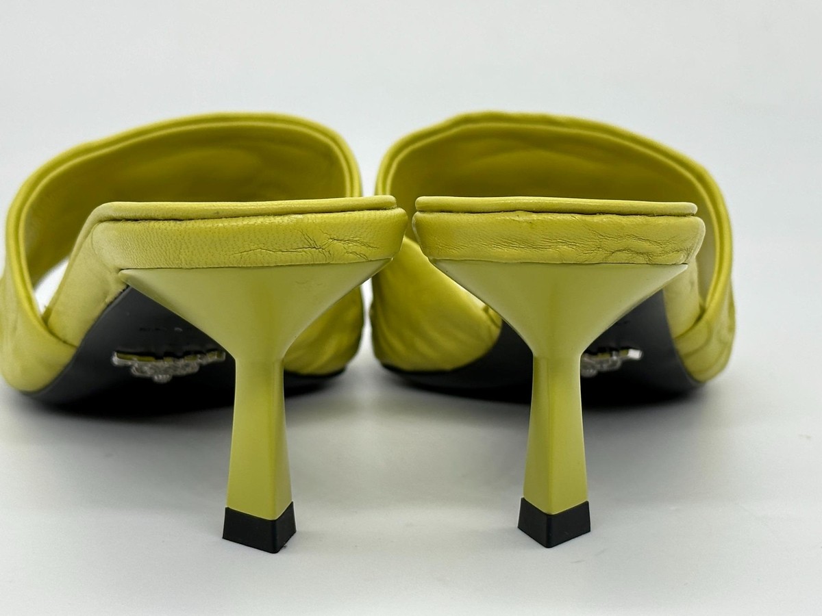 PRADA Signature Logo Antique Crinkled Leather Mules Sandals