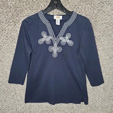 Talbots Top Womens Small Navy Blue Embroidere...