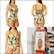 Hurley One Piece Swimsuit Tropical Floral Lined UPF 50 Padded Cup Womens M