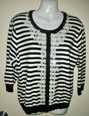 #1005 L Cathy Daniels Black White Stripe Daisy Sequins