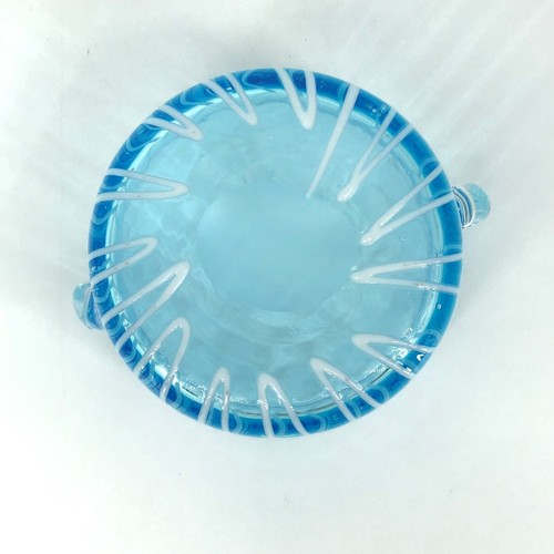 Vintage Ice Bucket Murano Style Art Glass Carribean Blue White Stripes Handles - Picture 7 of 13