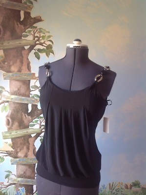 Mon Ami USA Blouse Beaded Strap Black Top Blouse Draped Back Size Large New 