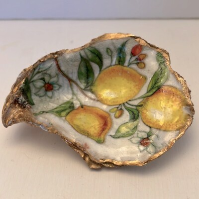 Handmade Oyster Art Shell Trinket Vanity Ring Dish Natural Shell Lemon design