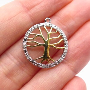 Authentic 925 Sterling Silver Gold Plated Real White Diamond Tree of Life Pendant