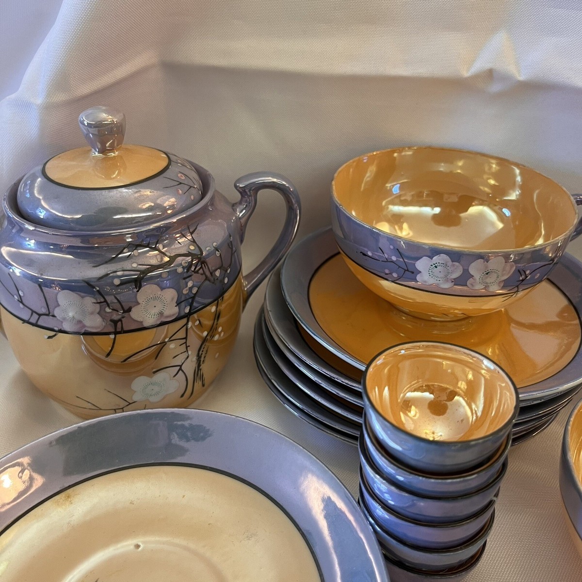 Vintage 32 Piece Hand Painted Lusterware Blue and Orange Vintage 32 Piece Hand Painted Lusterware Blue and Orange