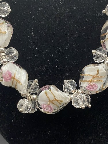 Lampwork Glass Bead Necklace Pink Roses White Faceted Crystal Silvertone 14-16" - Picture 2 of 7