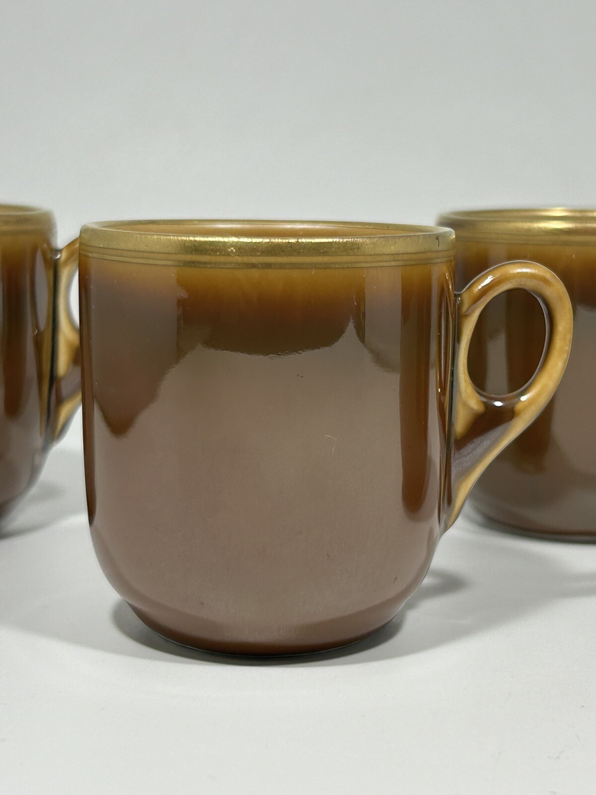 Vintage Fraunfelter China Set of 4 Espresso Cups Ohio Brown Luster Gold USA