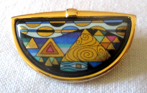 Broche Vintage Michaela Frey En émail Cloisonné Bleu Sur Plaqué Or