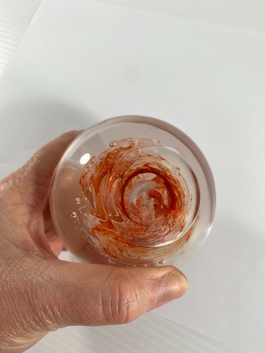Round Art Glass Paperweight Clear Orange White Swirl Ball Bubbles 10" Around - Picture 7 of 8