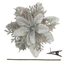 30Pcs Silver Poinsettias Artificial Christmas Flowers with Clips, 5.5" Glitte...