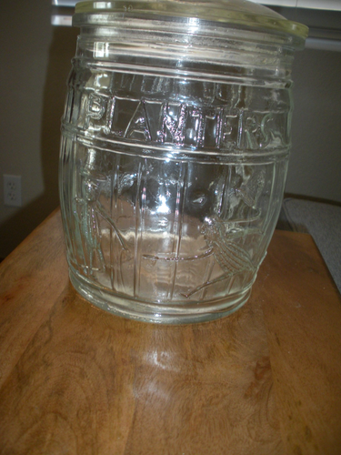 Original Vintage Barrel Shaped Planters Peanut's Glass Jar with Peanut on Lid - Picture 2 of 2