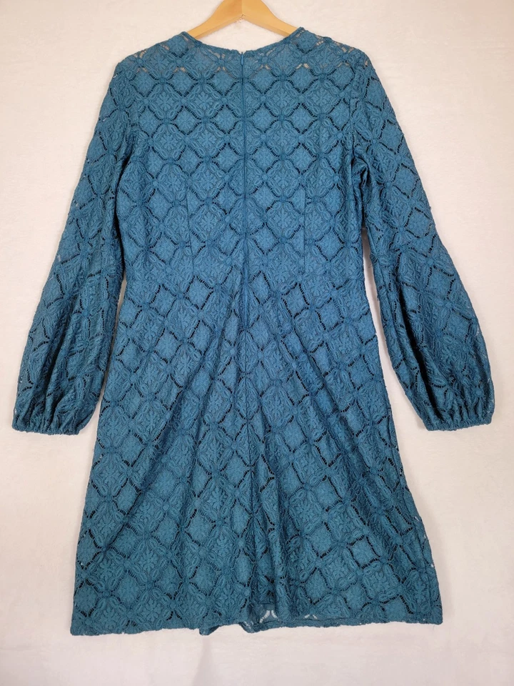 London Times Blue Floral Lace Puff  Sleeve Dress Lined Holiday Fall X-Mass Sz 16 - Image 2 of 4