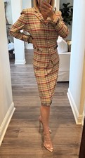 Vintage St. John Collection Knit Fringe Multicolor Plaid Jacket Skirt Suit Set