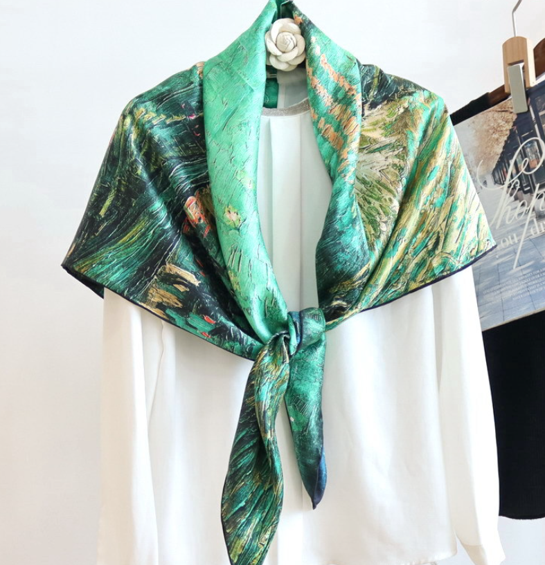 100% Silk Square Scarf Blue Lakes Print Double Face Shawl 43 Inch New