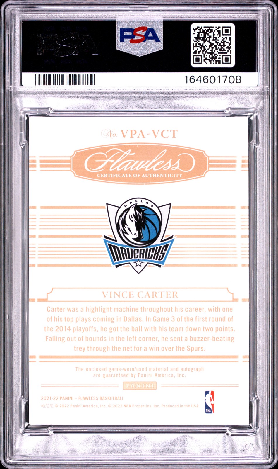 2021 PANINI FLAWLESS VERTICAL PATCH AUTO RUBY VINCE CARTER 7/15 PSA 6 AUTO view 2
