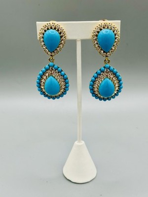 Vtg Kenneth Jay Lane (KJL) Turquoise Cabochon & Crystal Petra Earrings