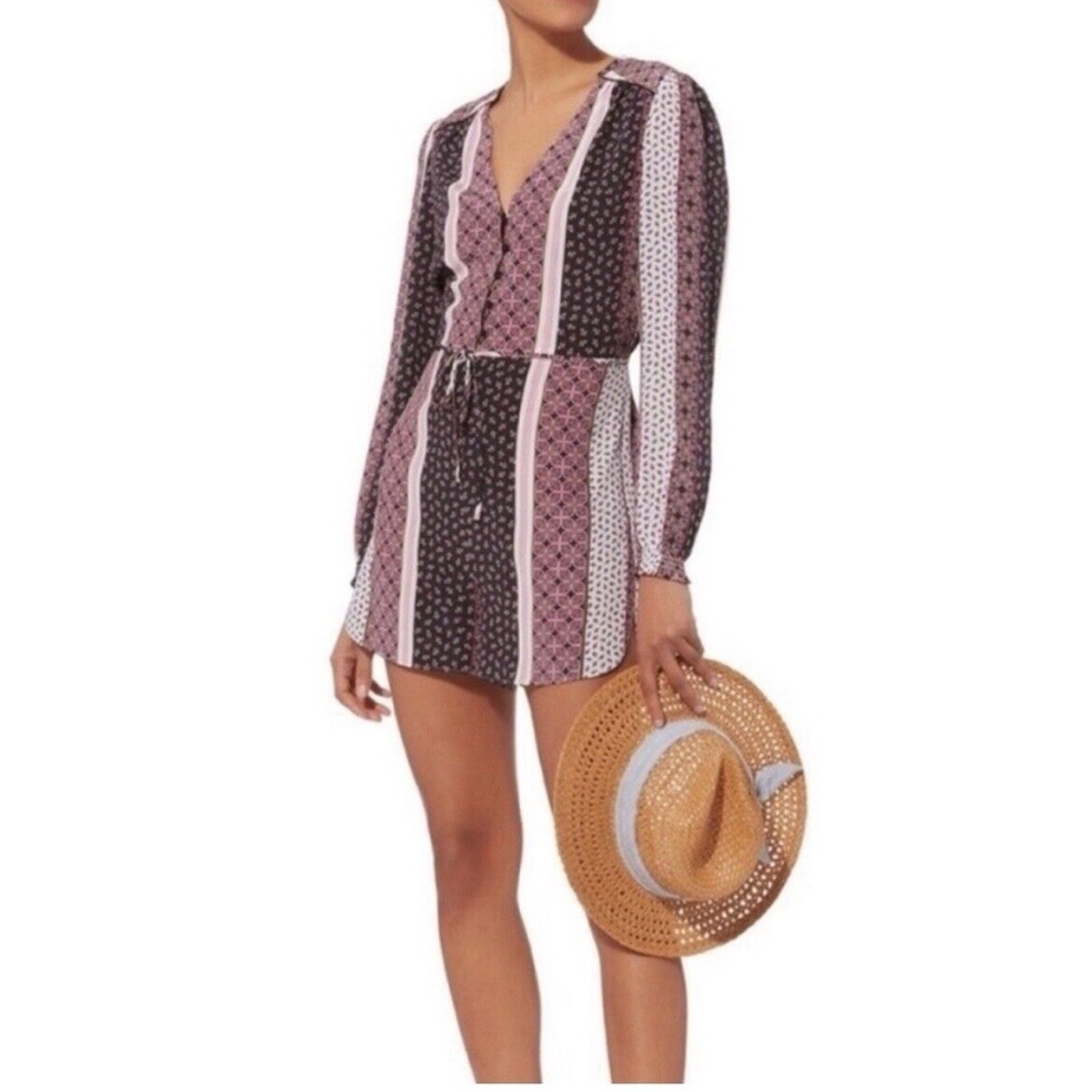 Intermix Purple Pattern Silk Drawstring Romper Si… - image 1