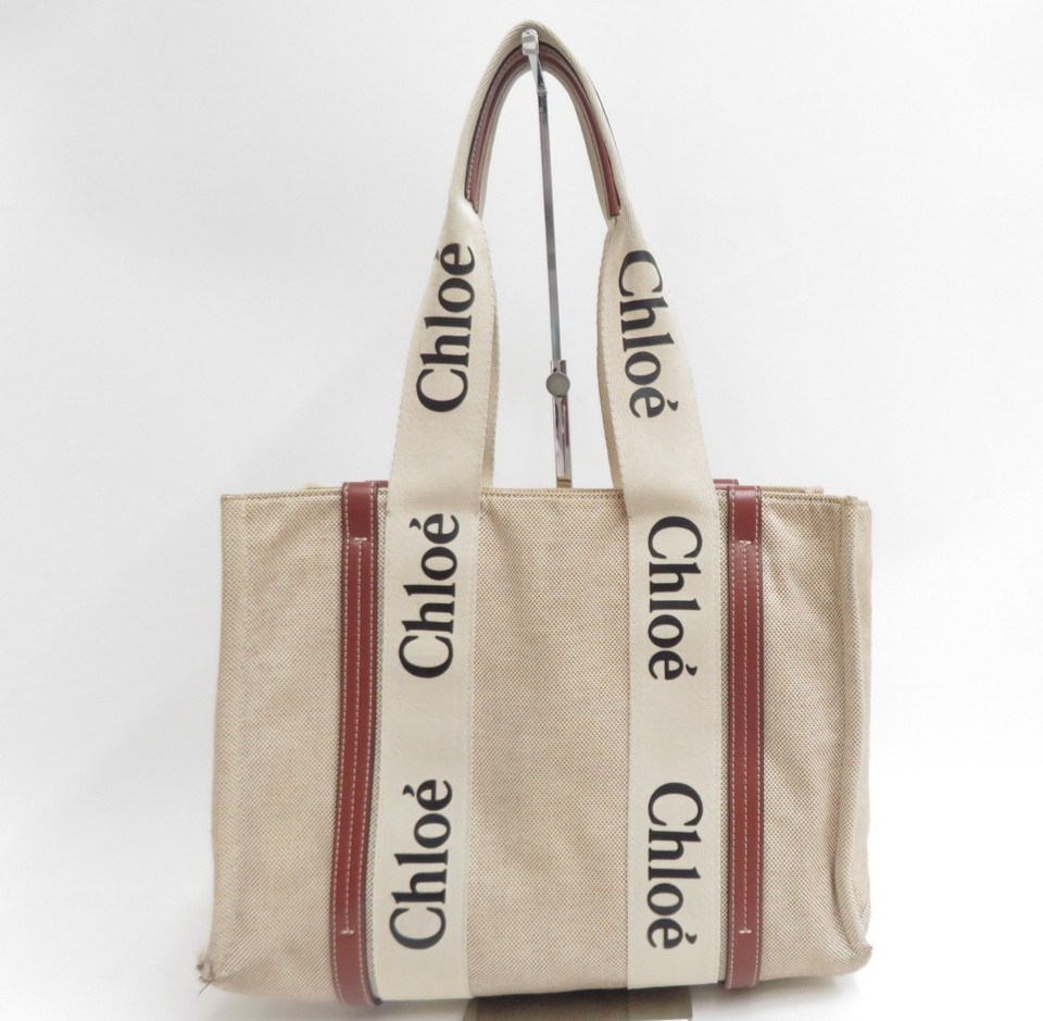 Authentic CHLOE Woody Medium Canvas Leather Tote Shoulder Bag I#54780