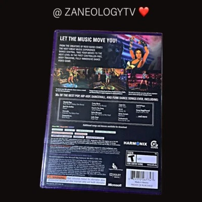Back cover of Dance Central with dancers, blue-pink club, and Xbox 360, Harmonix logos.