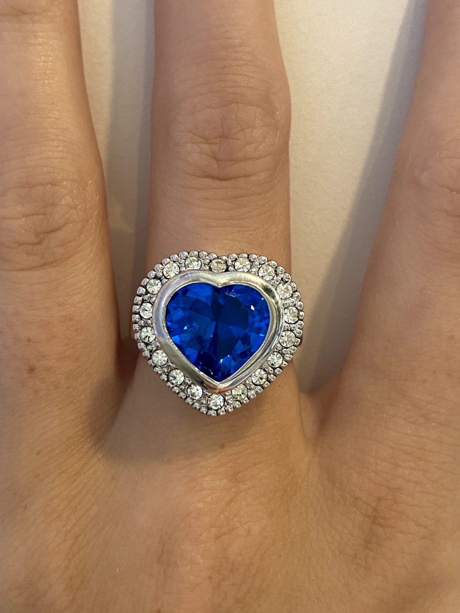 Lovely Blue Heart Cut Crystal Statement Ring Brass  Silver Tone Statement Crystal Ring main image 0