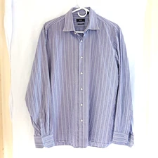 Hugo Boss Shirt Mens 16.5 Purple White Striped Button Up Business Dress Oxford
