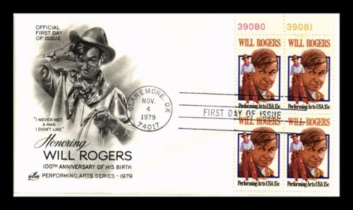 US COVER WILL ROGERS PERFORMING ARTS FDC PLATE BLOCK ARTCRAFT CACHET - Picture 1 of 2
