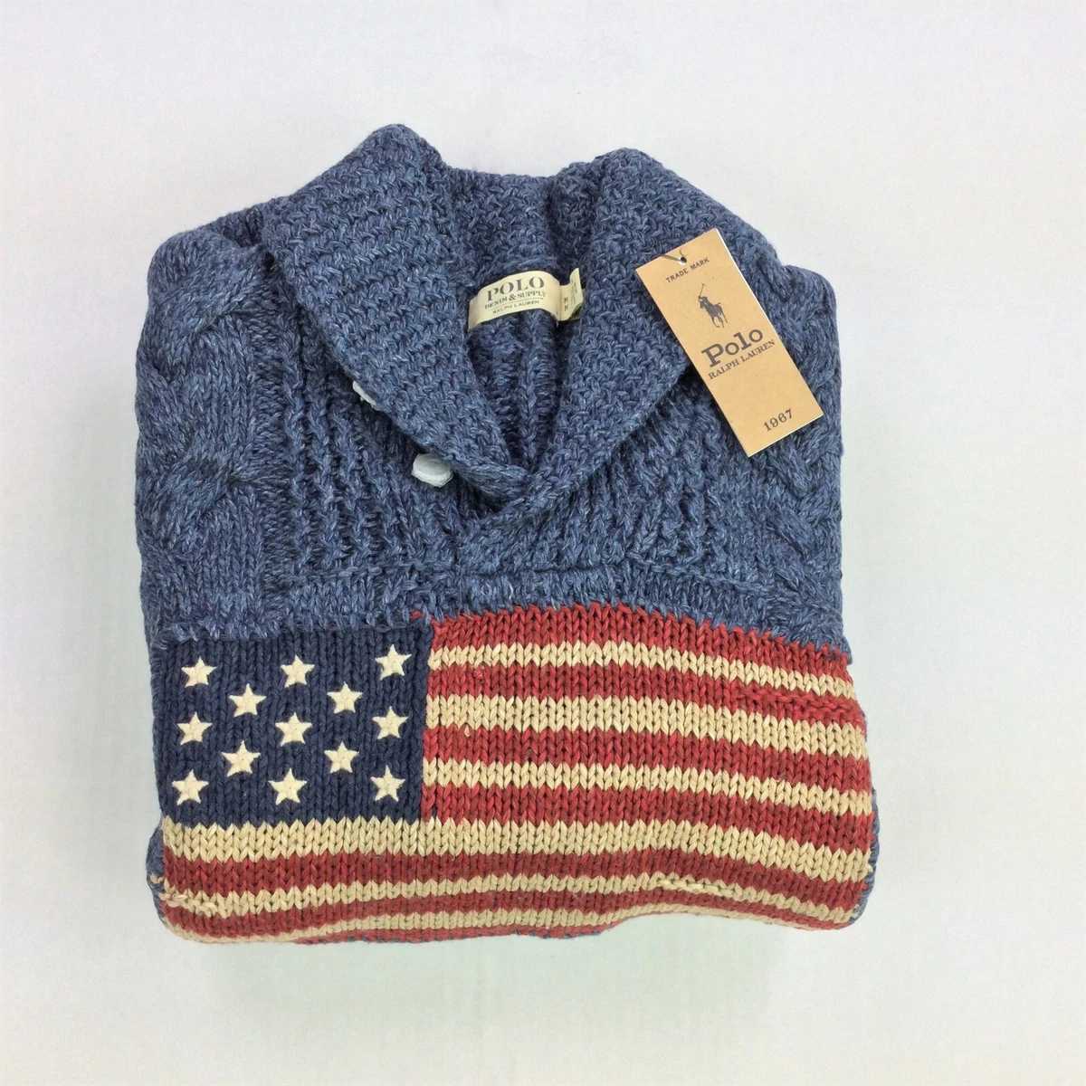 Polo Ralph Lauren Men U.S American Flag Cable Knit Shawl Sweater M L