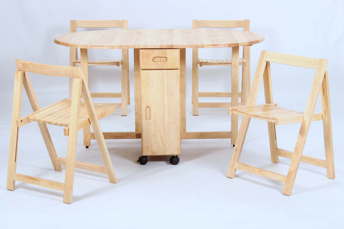 Kitchen Dining Table Set Natural Butterfly Two Drop Leaf Four Foldable Chairs